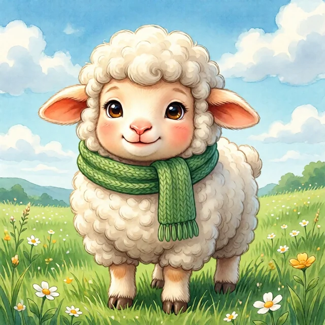 Corderito mascota de Cordero AI con bufanda verde